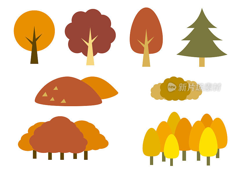 插画素材集秋叶树木和山峦。