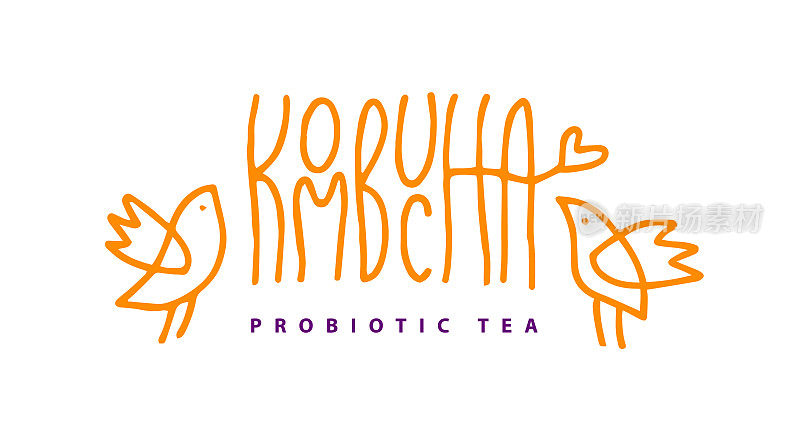 康普茶矢量手写字体，原汁原味的书法。健康发酵益生菌茶。超级食品饮料。模板标志设计为标志，标签。
