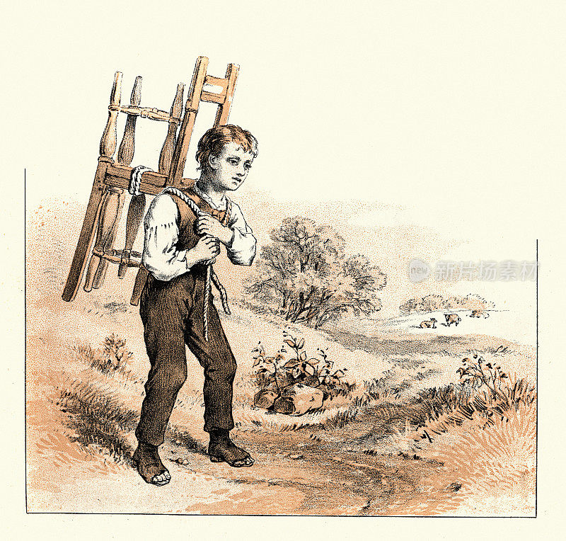 背着两把木椅回家的男孩，19世纪维多利亚时代的儿童艺术