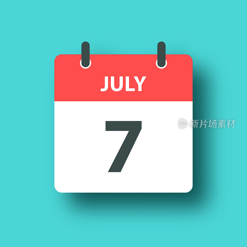 7月7日-每日日历图标在蓝色绿色背景与阴影