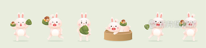 6种可爱的兔子和中国端午节的传统食物粽子，用竹叶包着糯米