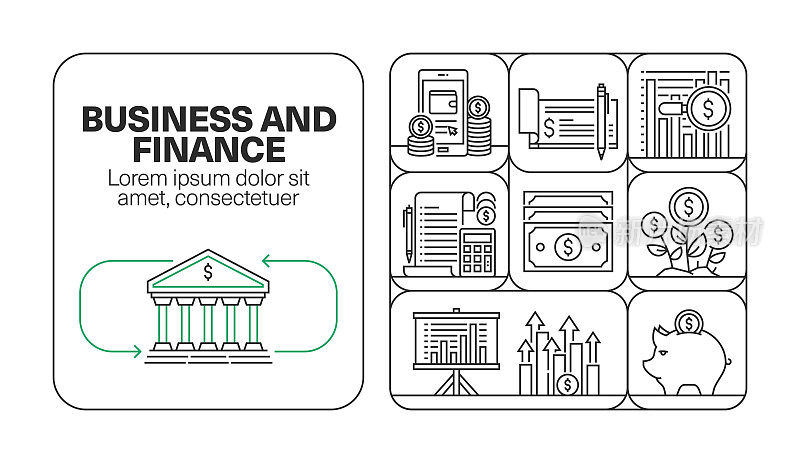商业和金融横幅线图标集设计