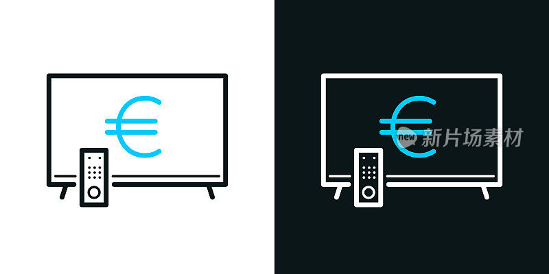 带有欧元标志的电视。黑色或白色背景上的双色线条图标-可编辑笔触