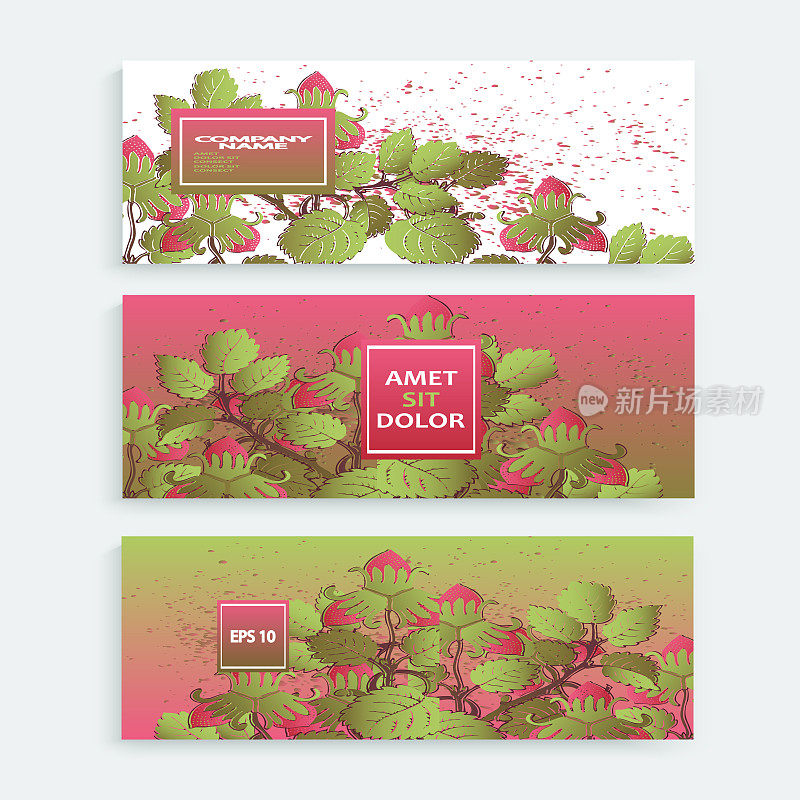 草莓图案设计模板产品。手绘红莓。可爱时髦的深色背景开花绿叶灌木。平面插图婚礼，邀请，海报，卡片，封面，产品矢量