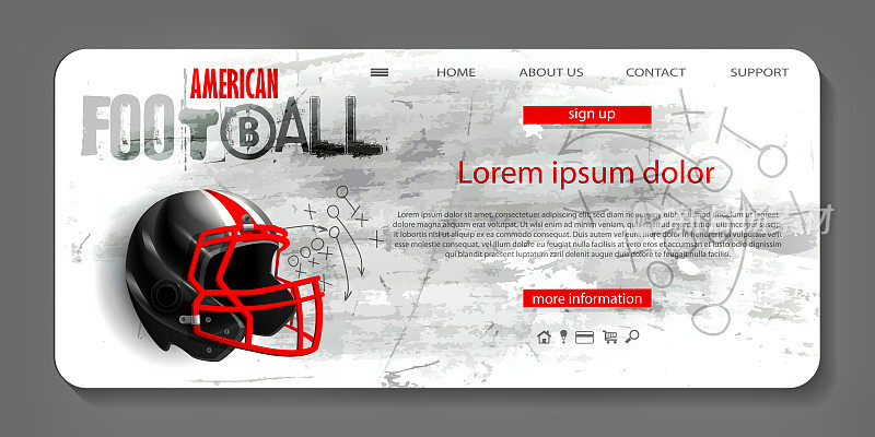 美式足球游戏网页或模板在现实的风格。在水泥墙的背景上，橄榄球球和保护性运动头盔。