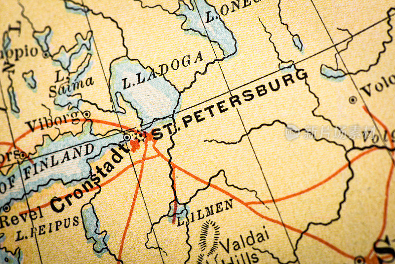 古董地图集地图宏观特写:圣彼得堡，俄罗斯