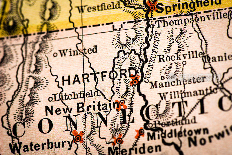 古董地图集地图宏观特写:康涅狄格州哈特福德