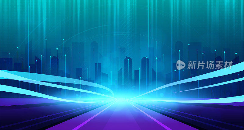 数字科技城市元宇宙霓虹蓝绿色背景，抽象网络通信，创新未来赛博朋克大都市科技，互联网网络连接，Ai大数据，城镇插画3d