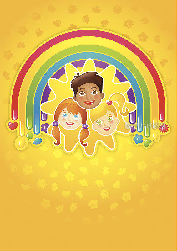 三个快乐的孩子在彩虹和阳光下