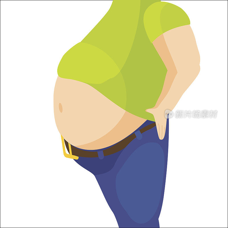 腹部肥胖，超重的男人大肚子。矢量图