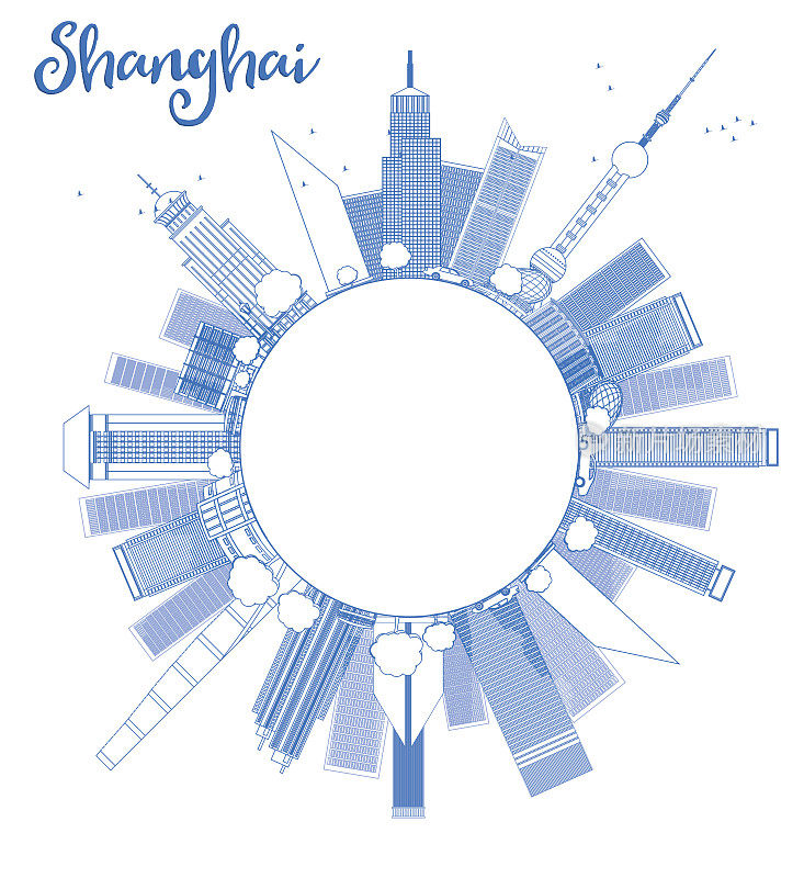 用蓝色的摩天大楼勾勒出上海的天际线