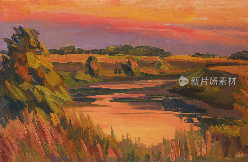 夏日美景与日落在河上。油画