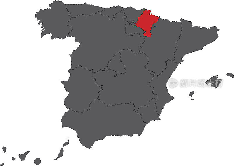 纳瓦拉红色地图上的灰色西班牙地图矢量