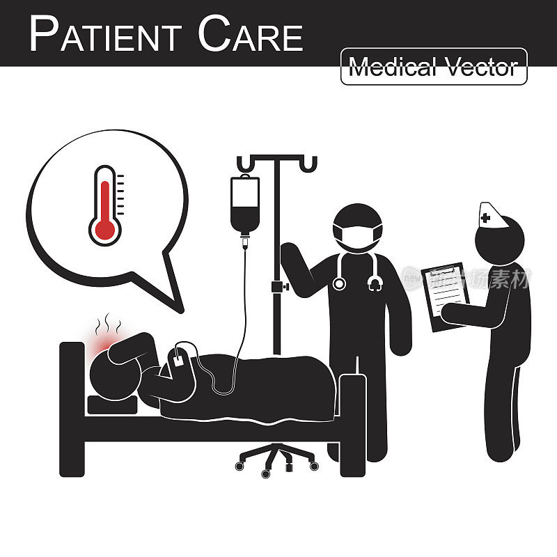 医生和护士护理病人在医院(黑色和白色，平面设计)矢量医学和科学的概念