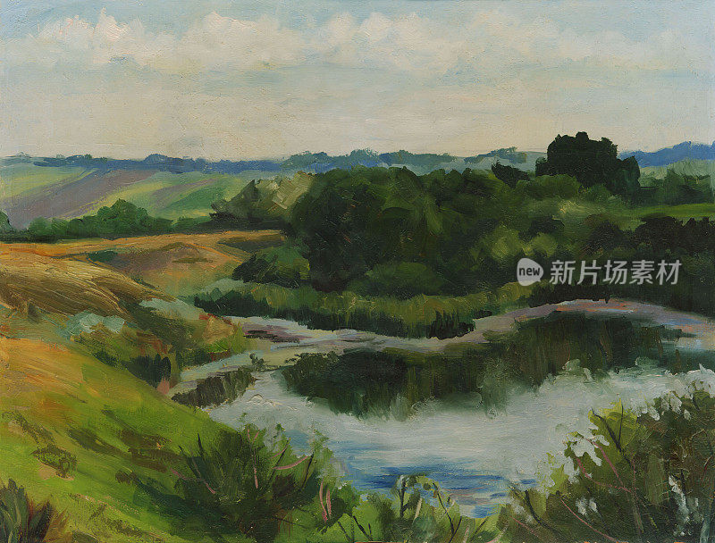 夏季景观与湖泊。油画