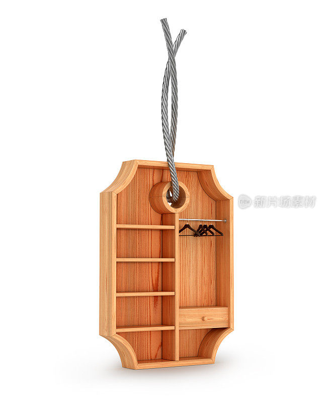 空的木质衣柜形状的标签，3d插图。服装销售的概念