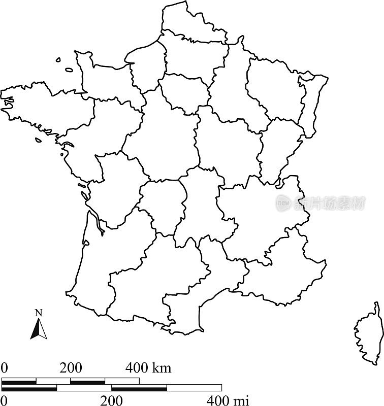 法国地图轮廓向量与比例尺在一个空白设计