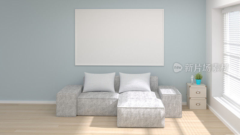 模拟现代客厅海报框架3D渲染明亮的室内空客厅和白色枕头
