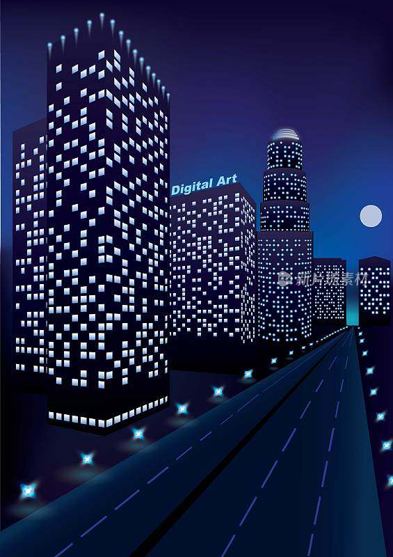夜晚的城市，高速公路附近的摩天大楼和深蓝色天空中的月亮。