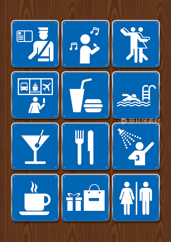 设置图标的浴室，卡拉ok，迪斯科，酒吧，餐厅，游泳池，淋浴，自助餐厅，风俗。木制背景上的蓝色图标