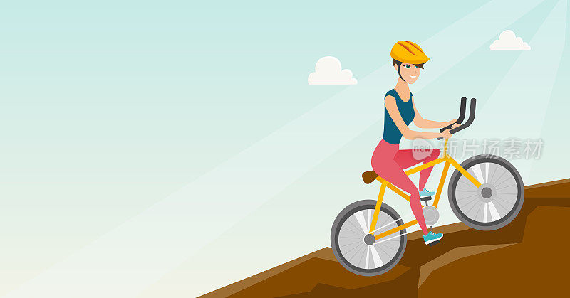 年轻女子骑自行车在山里旅行