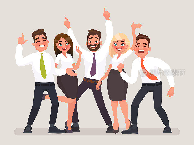 成功的商业团队。一群快乐的办公室工作人员庆祝胜利。大家举起手来