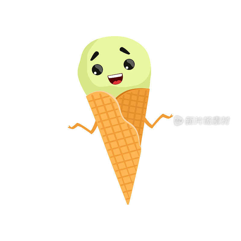 卡通人物的冰淇淋在华夫蛋筒。美味的冷冻甜点，滑稽的脸和小手。平面矢量设计贴纸或打印