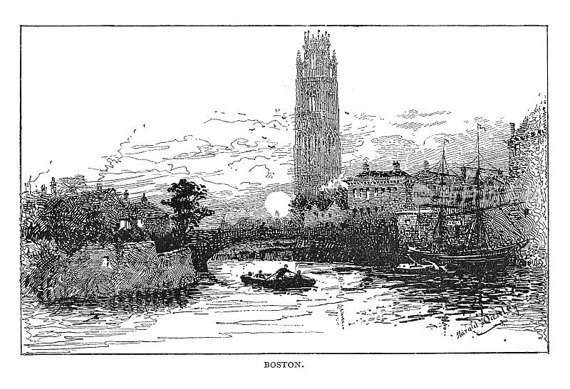 维多利亚时期的黑色和白色雕刻的港湾与波士顿对面的林肯郡河的河口;19世纪的波士顿英格兰和沼泽地区;1892年英语了