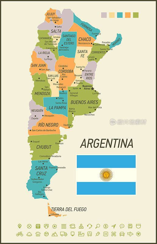阿根廷的地图。带有导航图标的复古矢量图