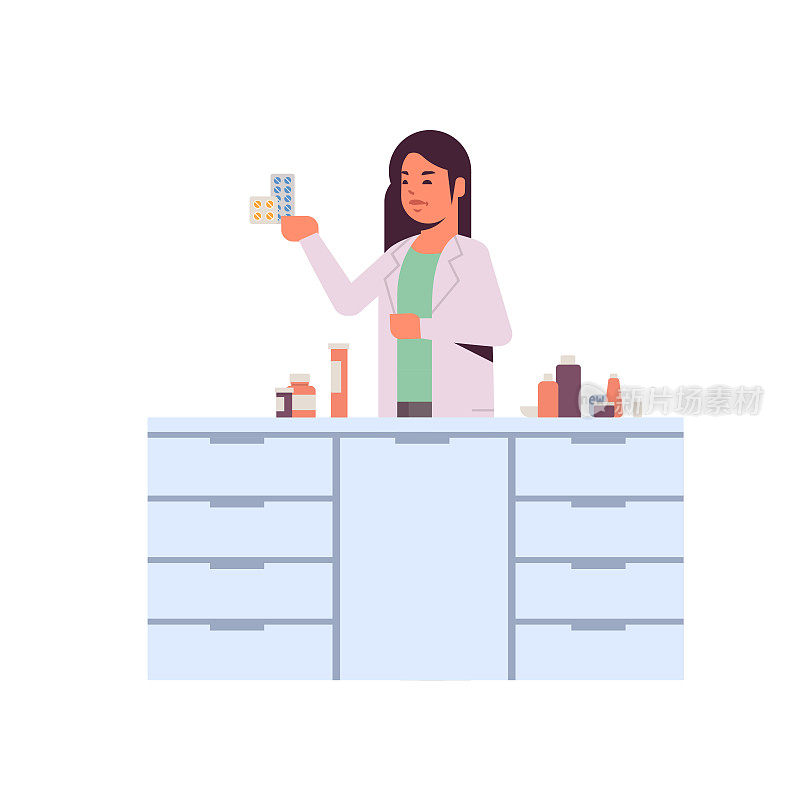 女科研人员拿着药品包装在统一的妇女分析药丸科学家在实验室研究科学概念做实验全长平坦