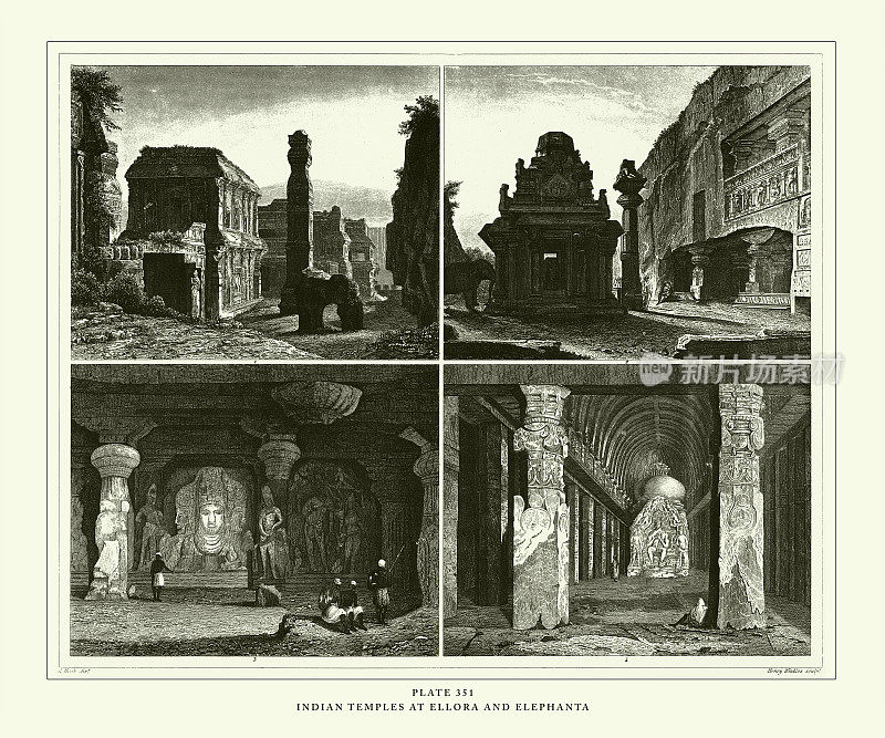 雕刻古董，埃罗拉的印度寺庙和艾勒皮塔雕刻古董插图，出版于1851年