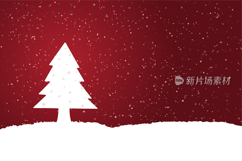 水平矢量插图的一个创造性的深红色栗色酒颜色背景与一棵白色圣诞树，雪花太阳爆发的背景，雪遍布地面和树上