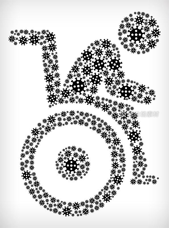 轮椅上的人流感冠状病毒图标模式