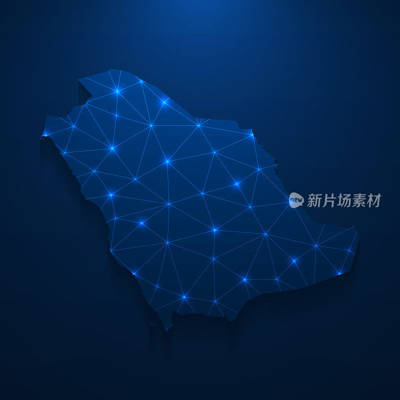 沙特阿拉伯地图网络-明亮的网格在深蓝色的背景