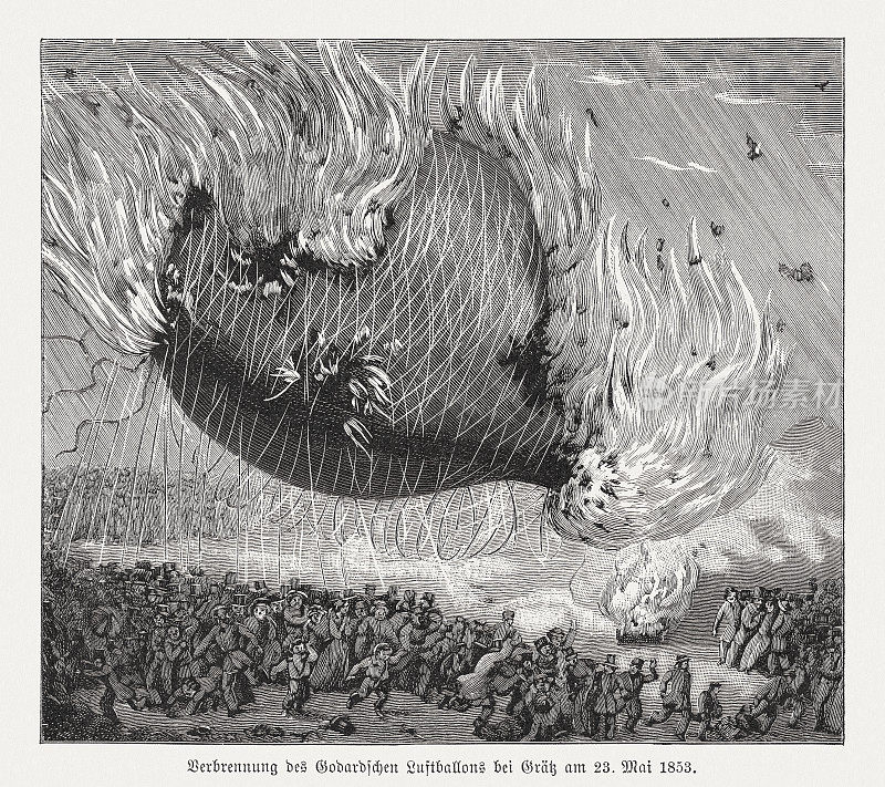 Eugène戈达尔的气球爆炸(1853)，木刻，1895