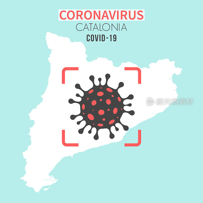 加泰罗尼亚地图，红色取景器中有冠状病毒细胞(COVID-19)