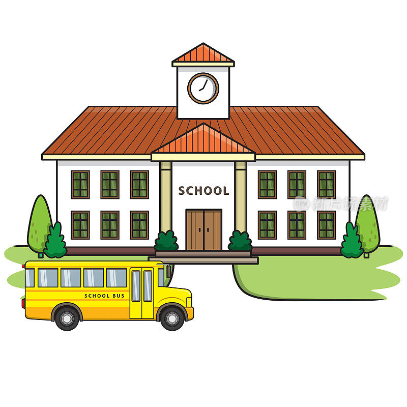 学校建筑平面设计插图有一辆校车停在前面。用于教师或那些想制作儿童书籍的人的教学材料。包括使用教学垫在家教育孩子的父母