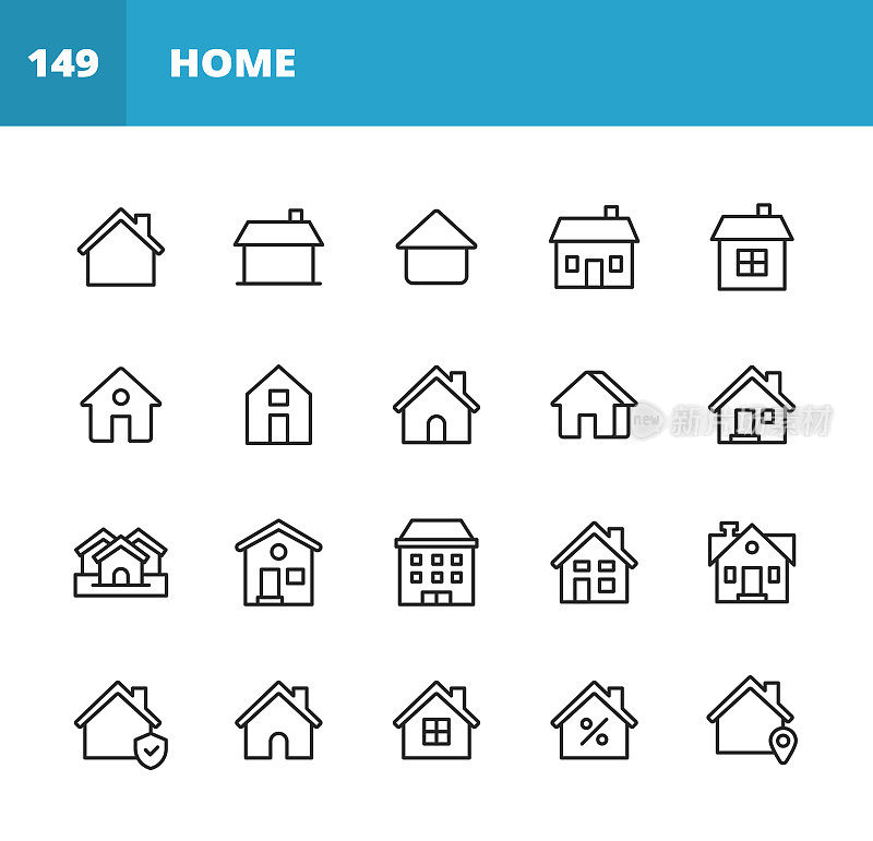 家线图标。可编辑的中风。像素完美。移动和网络。包含如家，房子，房地产，家庭，房地产代理，投资，住宅建筑，城市，公寓等图标。