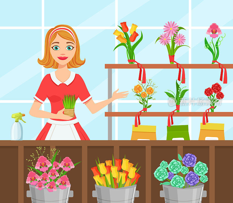 花店，愉快的年轻女子花店在围裙制作花束平面矢量插图