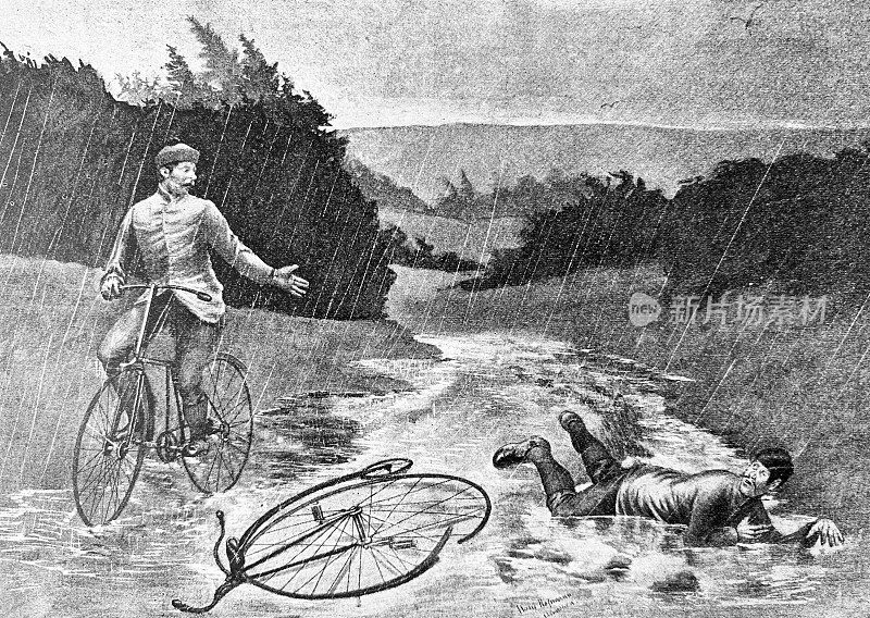 一个骑自行车的人遇到一个倒在小溪里的老旧的自行车手