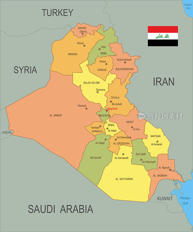 带有旗帜的伊拉克平面地图