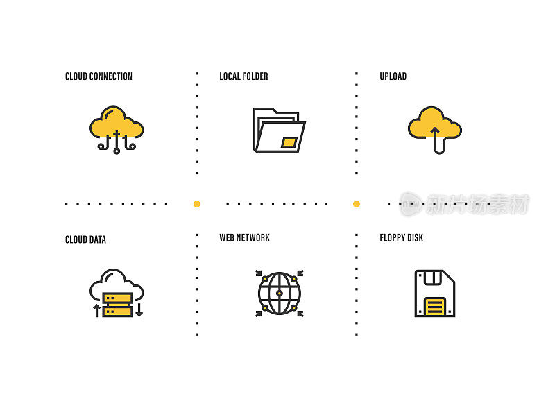 信息图表设计模板。云连接，本地文件夹，上传，软盘，网络，云数据图标6个选项或步骤。