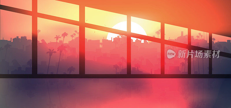 城市天际线与住宅综合体内与窗户在日落