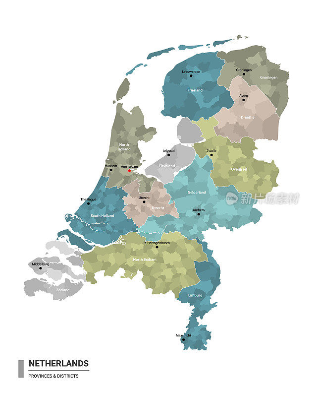 荷兰高详细地图与细分。荷兰行政地图与地区和城市名称，颜色由州和行政区域。矢量插图。