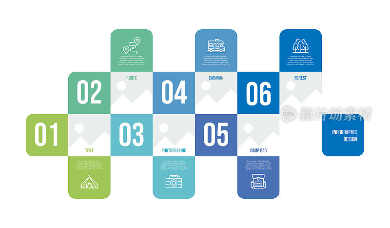 信息图表设计模板。帐篷，路线，摄影，大篷车，露营包，森林图标6个选项或步骤。