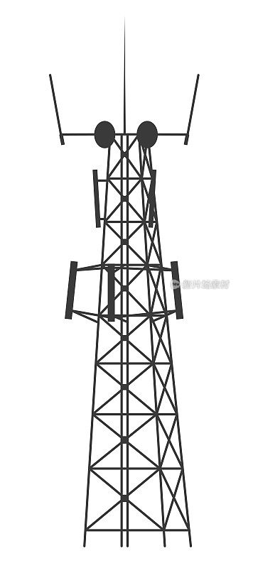 传输细胞塔。带有天线的移动和无线电通信塔，用于无线连接。轮廓矢量插图孤立在白色背景。