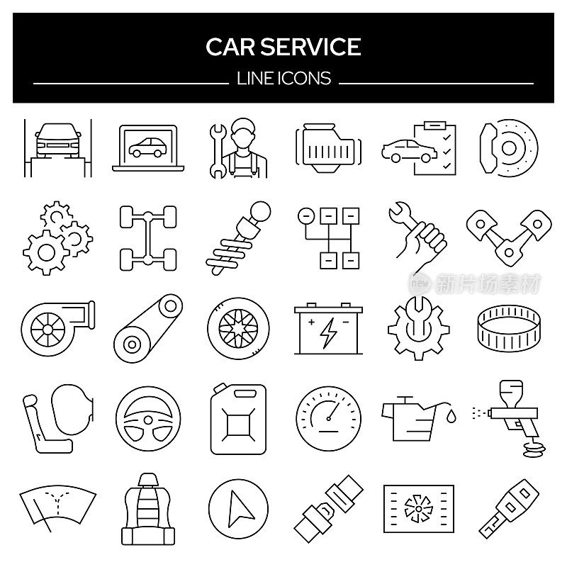 一组汽车服务相关的线图标。轮廓符号集合，可编辑的描边