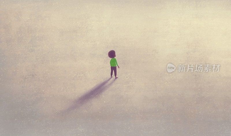 孤独的男孩，超现实的艺术，希望和梦想的概念，绘画插图