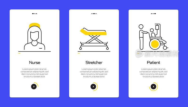 带图标的移动应用程序页面屏幕上的医疗保健和医疗概念。用户体验，用户界面设计模板矢量插图