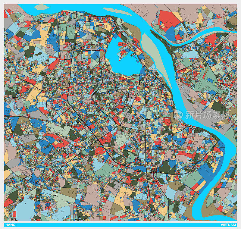 越南河内市彩色艺术插画风格地图